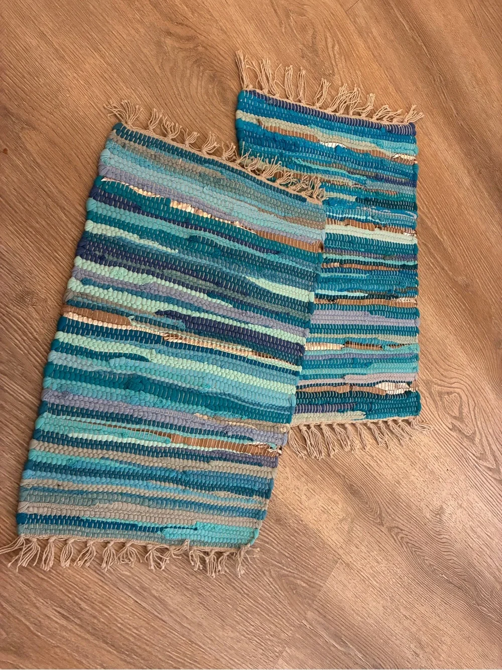 Small Handwoven Blue Stripe Cotton Accent Rug / Mat